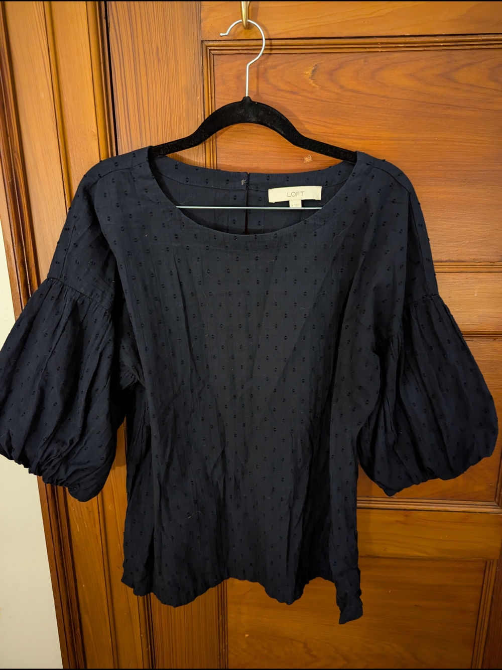 LOFT Navy Blue Puff-Sleeve Eyelet Top